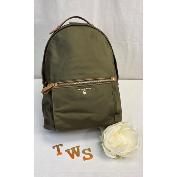 Michael Kors Olive Green Nylon Backpack with Tan Leather Trim and Gold Hardware main image 14